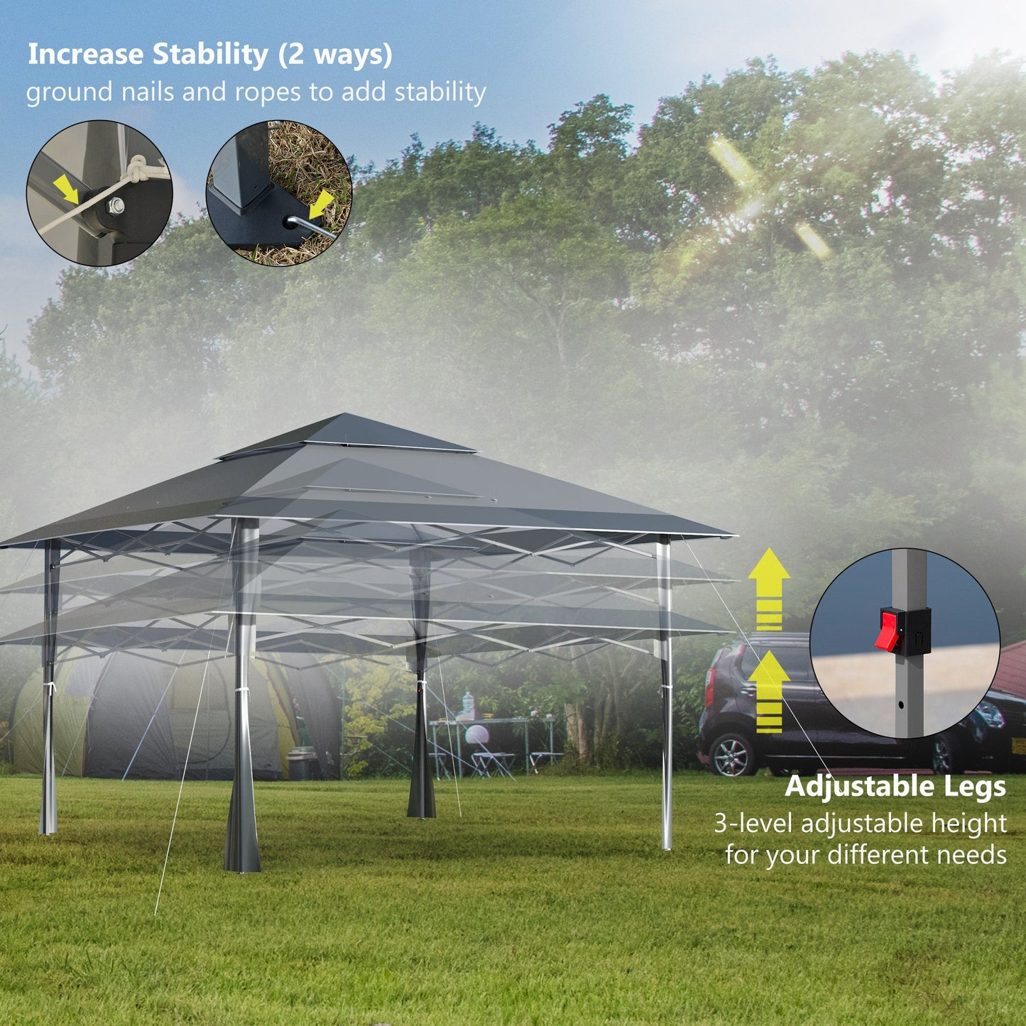 4 x 4m Pop-up Gazebo Double Roof Canopy Tent with Roller Bag & Adjustable Legs Outdoor Party, Steel Frame, Dark Grey