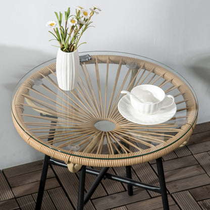 Outsunny Rattan Side Table, Round Outdoor Coffee Table, with Round PE Rattan and Tempered Glass Table Top for Patio, Garden, Balcony, Black