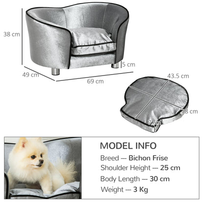 PawHut Pet Sofa Couch, Dog Bed, Cat Lounger, with Storage Pocket Removable Cushion Modern Furniture for Small Dogs, 69 x 49 x 38cm, Silver Grey