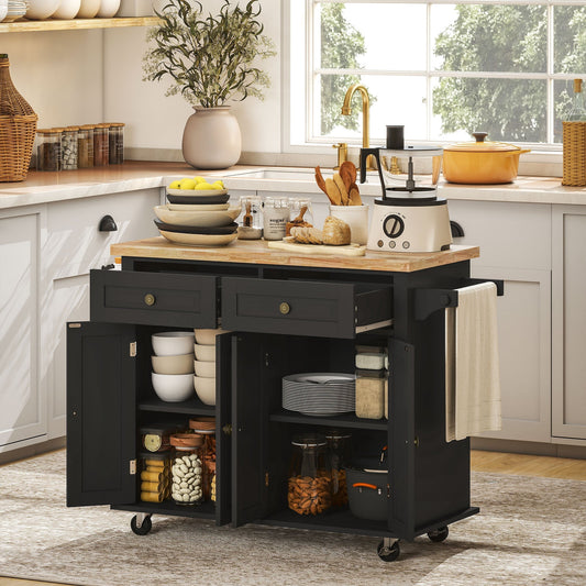 HOMCOM Rolling Kitchen Island Storage Trolley with Rubber Wood Top & Drawers for Dining Room, Black