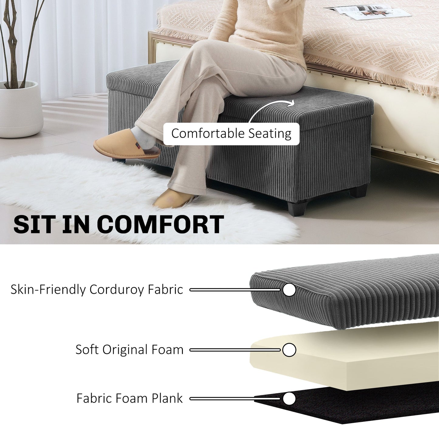 HOMCOM 84L Corduroy Storage Ottoman - Grey