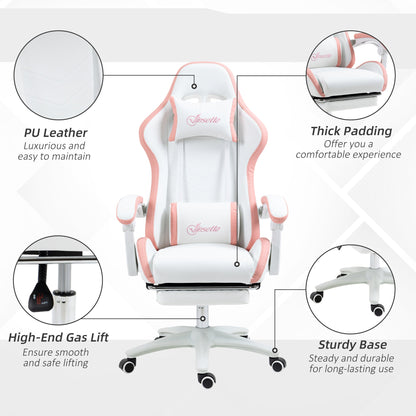 Vinsetto Computer Gaming Chair, PU Leather Desk Chair with Footrest, Swivel Task Chair with 135¡ Reclining Back and Lumbar Support, PC Chair for Adults, White and Pink