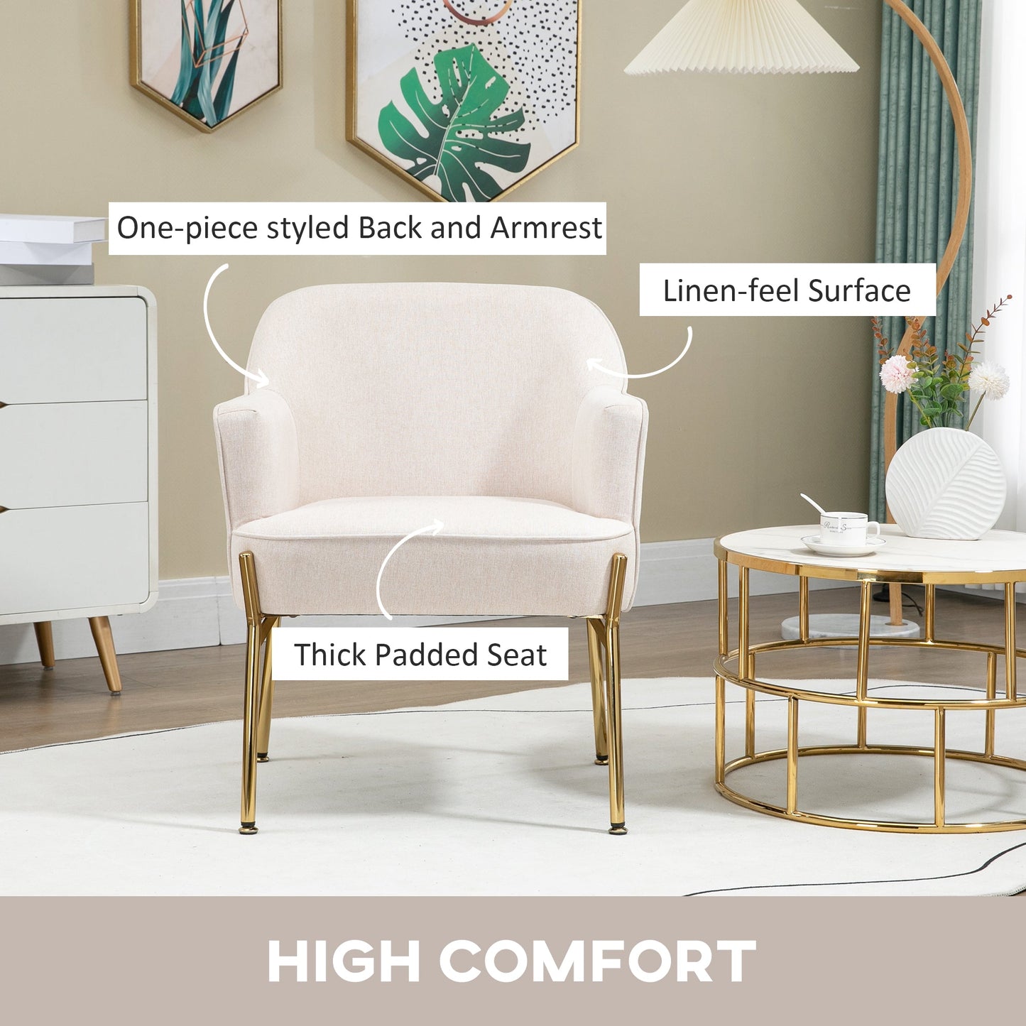 HOMCOM Fabric Accent Chair, nowoczesny fotel z metalowymi nogami do salonu, sypialni, domowego biura, kremowy