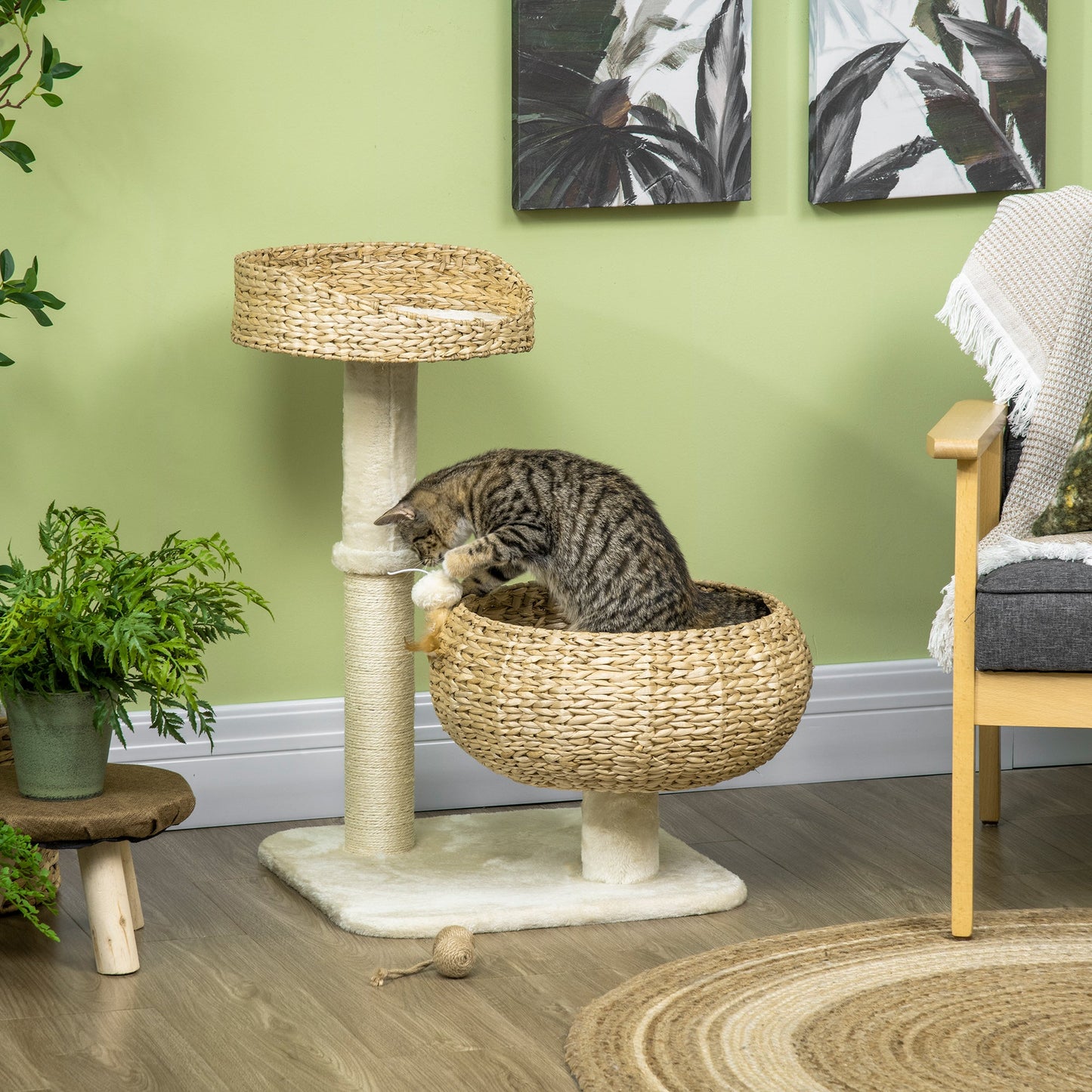 PawHut 72cm Cat Tree Kitten Tower, with Sisal Scratching Post, Two Beds, Toy Ball