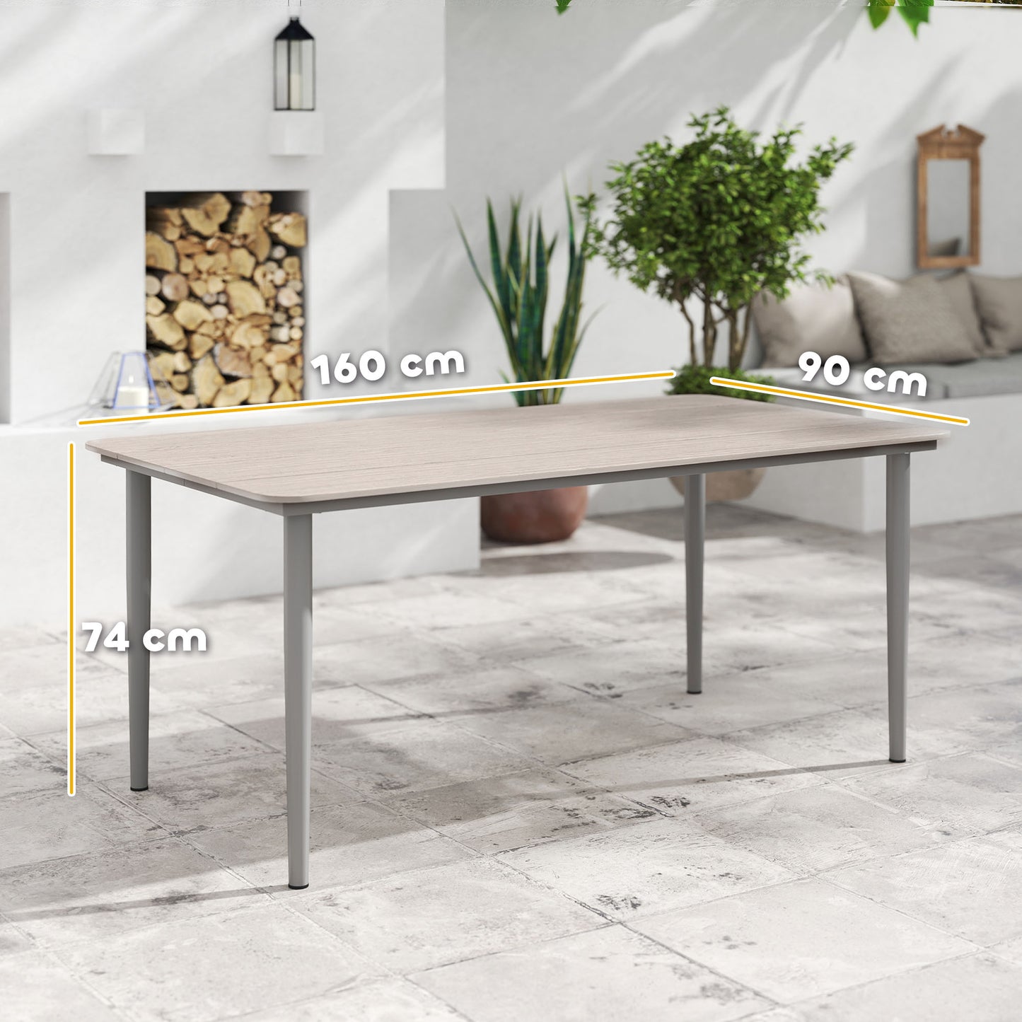 Stół ogrodowy Outsunny, stół do jadalni na zewnątrz dla 6 osób, 160 x 90 x 74 cm, z metalową ramą odporną na rdzę, blat z WPC, na balkon lub taras, jasnoszary
