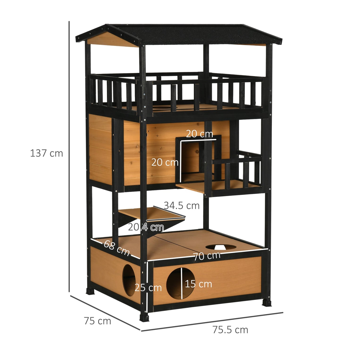 PawHut Wooden Outdoor Cat House 3-Tier for Winter Kitten Shelter Lodge w/ Tilted Roof Terrace Jump Step Bottom Tray Elevated Base Waterproof Paint Yellow