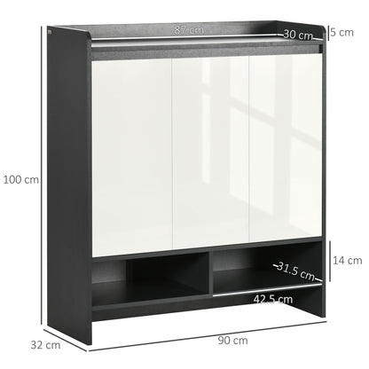 HOMCOM High Gloss Shoe Cabinet with White Doors and Open Shelves, Hallway Shoe Cupboard Storage Organizer for 19 Pairs of Shoes, Grey