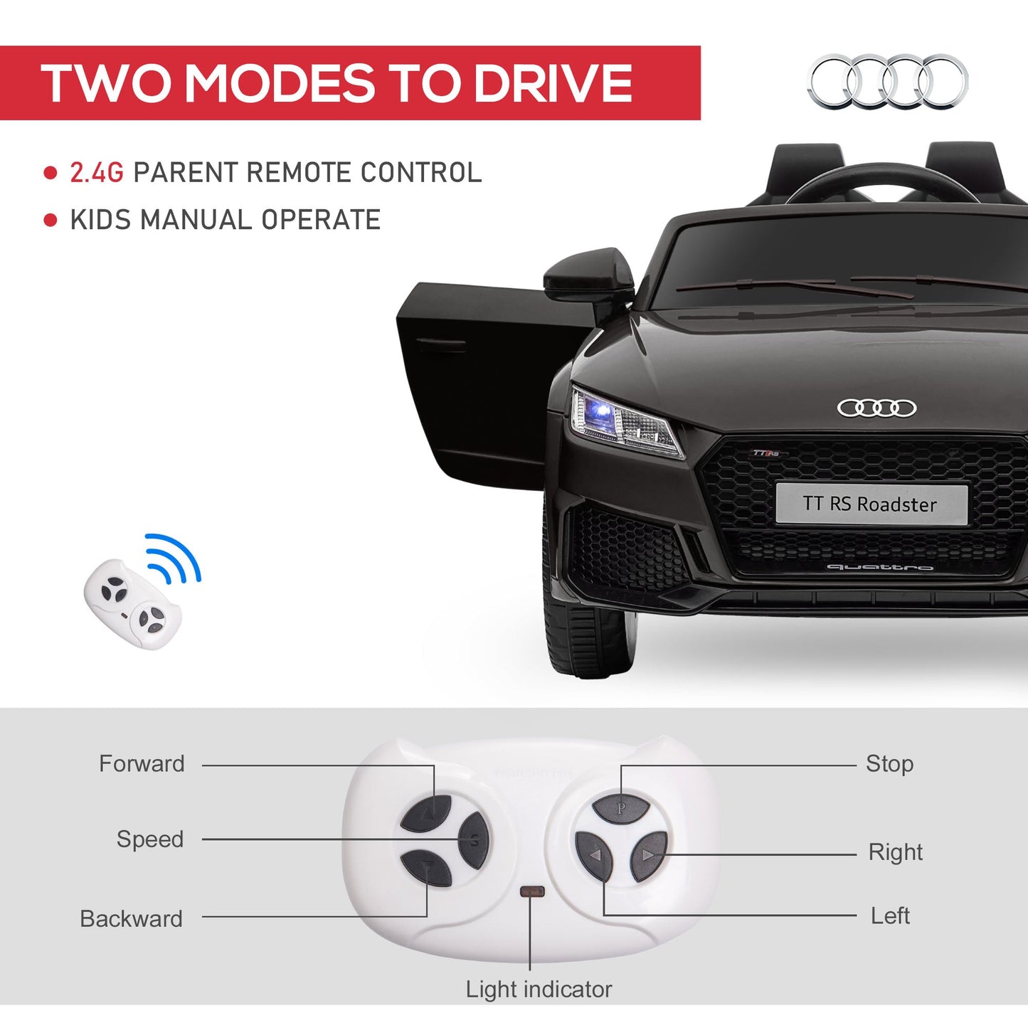 12V Rechargeable Battery Ride On Car w/ Remote Forward Reverse Lights Horn MP3 Player Black w/ Seat Belt Audi TT RS