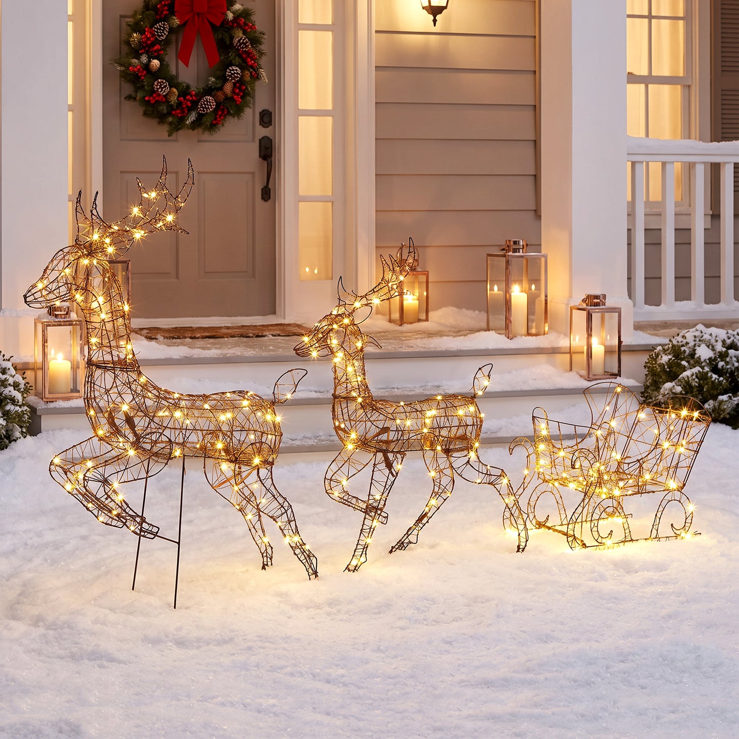 Outsunny 3-Piece Lighted Reindeer and Sleigh Set, PP Rattan Outdoor Christmas Decoration with LEDs, 8 Modes, Daily Timer