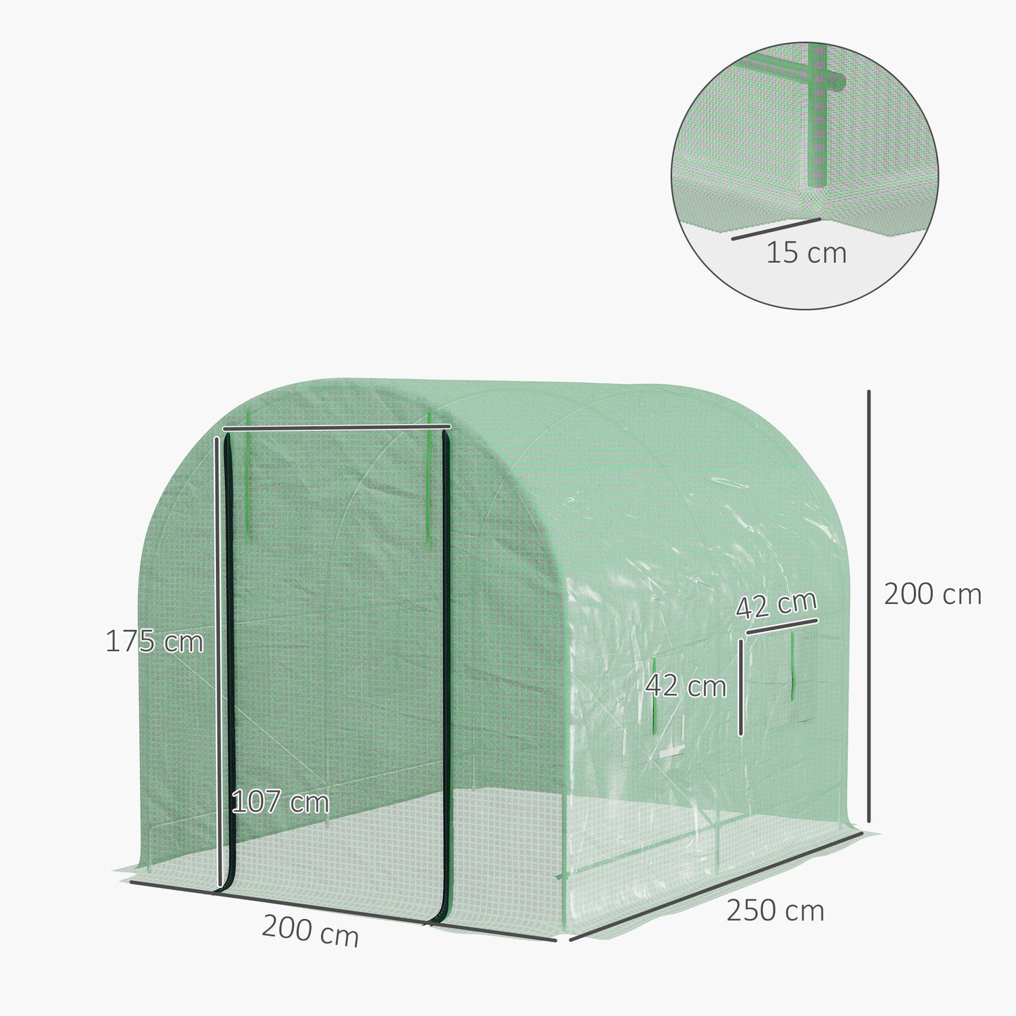 Tunel foliowy Outsunny Walk-In Garden ze stalową ramą, osłoną z PE, drzwiami zwijanymi i 4 oknami, 2,5 x 2 m, zielony