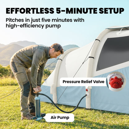 Outsunny Inflatable Camping Tent w/ Air Pump, Easy Setup 2-3 Person Blow Up Tent, Light Blue
