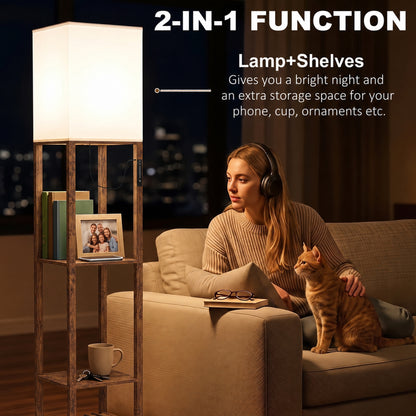 HOMCOM Floor Lamp with Shelves, Modern Dimmable Standing Lamp with Fabric Shade, Adjustable Colour Temperature, Rustic Brown