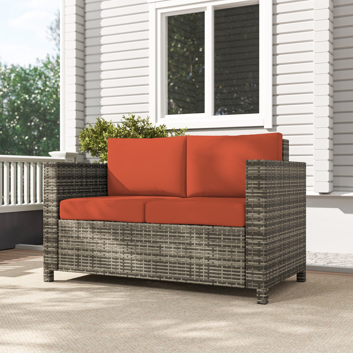 Sofa rattanowa Outsunny, 2-osobowa ogrodowa z miękką wyściółką i podłokietnikami, wiklinowa ogrodowa sofa dwuosobowa na patio, szara