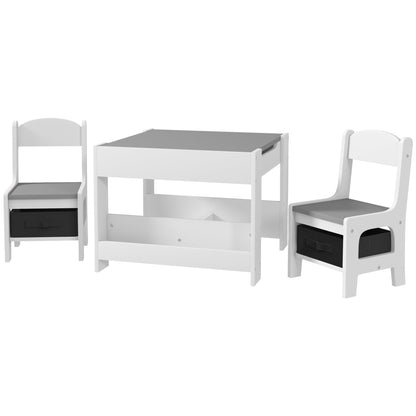 3 Piece Kids Table And Chair Set with Blackboard, Storage, Bookshelves, Grey