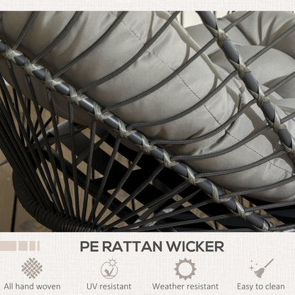 Outsunny Outdoor PE Rattan Swing Chair z poduszką, składany kosz ogrodowy Patio Hanging Egg Chair z metalowym stojakiem, zagłówek, do wewnątrz i na zewnątrz, jasnoszary