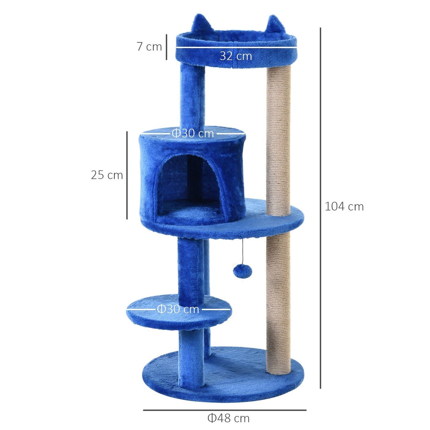 PawHut Cats 3-Tier Sisal Rope Scratching Post w/ Dangle Toy Blue