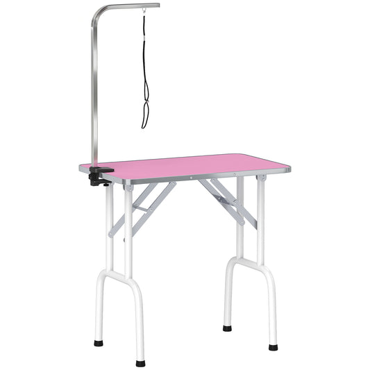 PawHut 32" Foldable Dog Grooming Table Pet Drying Beauty Table Adjustable Fixed Arm Rubber Top, Pink