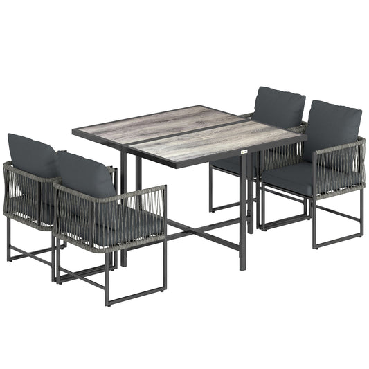 Outsunny 4-Seater Garden Dining Set, Rattan Outdoor Furniture with Space-Saving Chairs and Thick Cushions for Patio Balcony Black