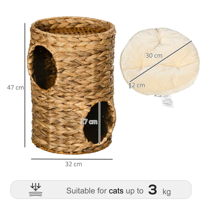 PawHut 47cm Cat Barrel Tree for Indoor Cats with 2 Cat Houses, Kitten Tower with Cushion - Light Brown