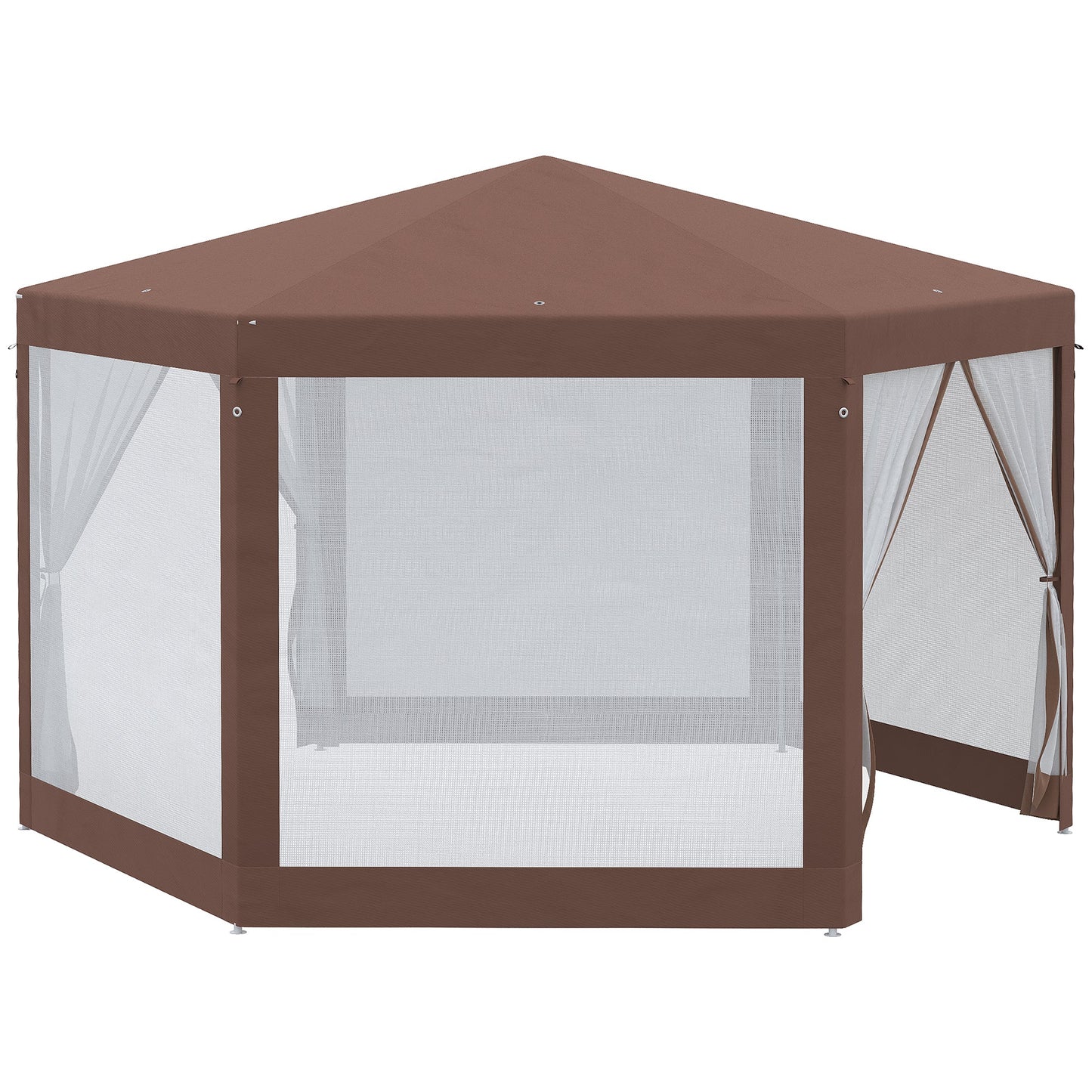 Outsunny Hexagonal Garden Gazebo Patio Party Outdoor Canopy Tent Sun Shelter with Mosquito Netting and Zipped Door, Brown