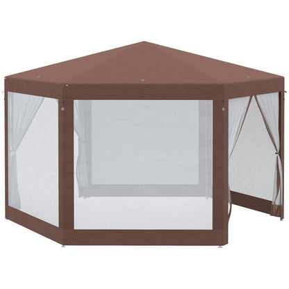 Outsunny Hexagonal Garden Gazebo Patio Party Outdoor Canopy Tent Sun Shelter with Mosquito Netting and Zipped Door, Brown