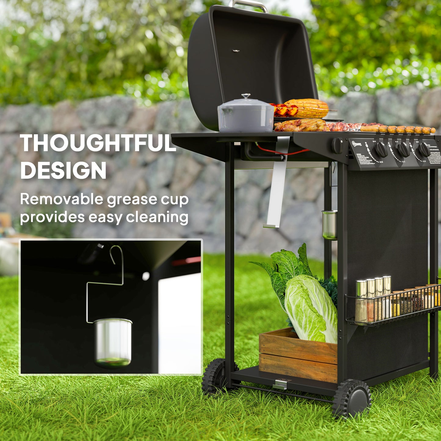 Outsunny 3+1 palnikowy grill gazowy, przenośny grill gazowy z wbudowanym termometrem, pokrywką, stolikiem bocznym, półką, stojakiem na przyprawy, kółkami, pojemnikiem na tłuszcz do gotowania na świeżym powietrzu na przyjęciu ogrodowym, czarny