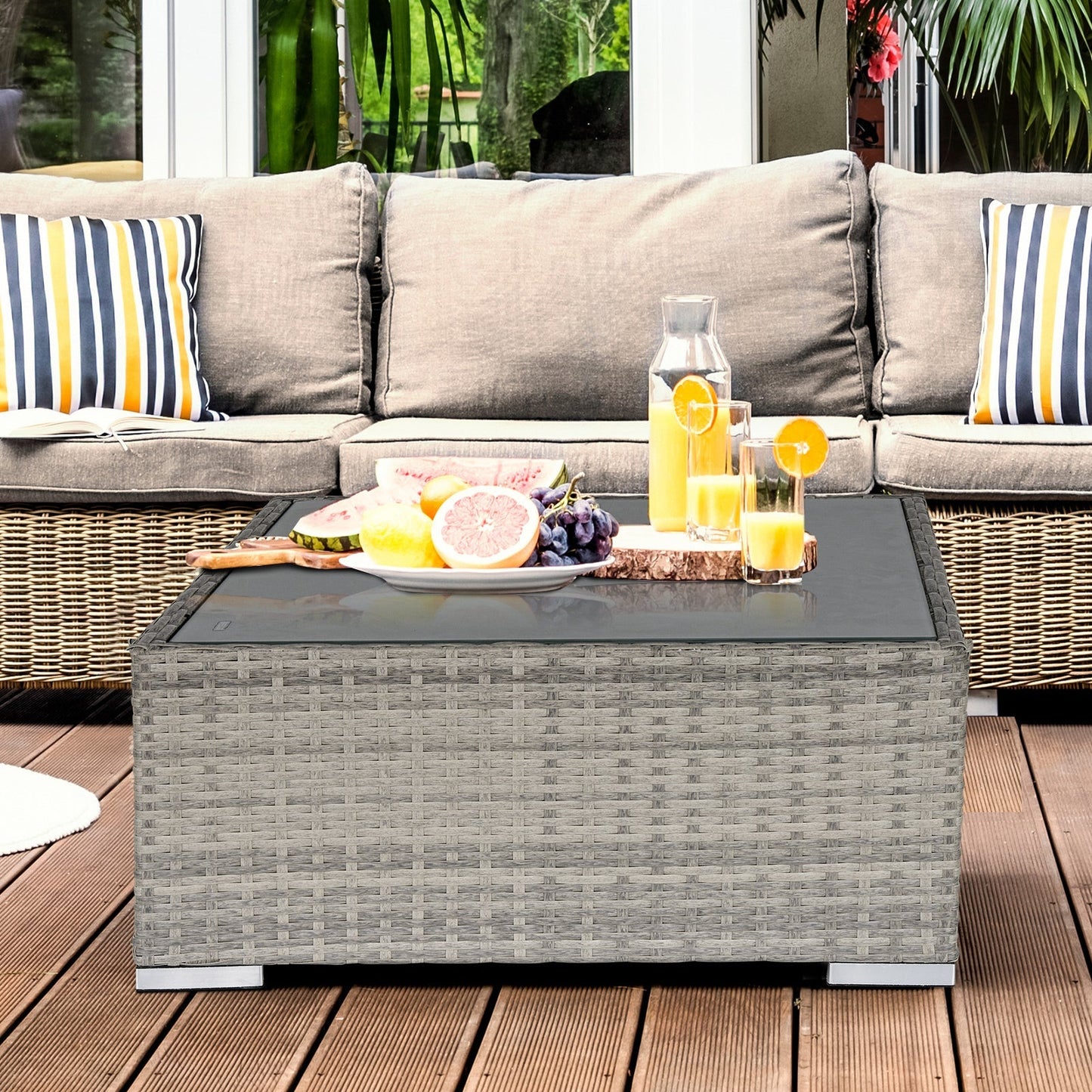 طاولة القهوة Outsunny Rattan Wicker Patio جاهزة للاستخدام في الهواء الطلق ومناسبة للفناء الخلفي للحديقة باللون الرمادي