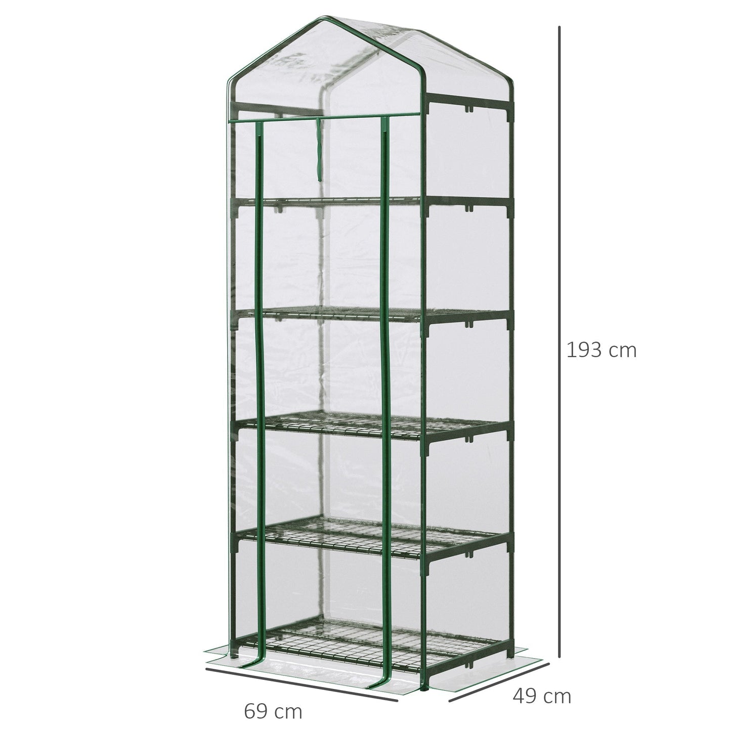 Outsunny 5 Tier Mini Greenhouse, Small Walk-in Greenhouse with Reinforced Plastic Cover, Garden Grow House with Roll Up Door and Shelves, 69 x 49 x 193cm, Green