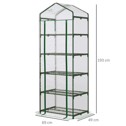 Outsunny 5 Tier Mini Greenhouse, Small Walk-in Greenhouse with Reinforced Plastic Cover, Garden Grow House with Roll Up Door and Shelves, 69 x 49 x 193cm, Green