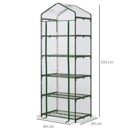 Outsunny 5 Tier Mini Szklarnia, Mała Szklarnia z Wzmocnioną Plastikową Osłoną, Domek Ogrodowy z Drzwiami Zwijanymi i Półkami, 69 x 49 x 193 cm, Zielony