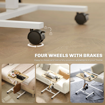 HOMCOM Height Adjustable Standing Desk, Pneumatic Sit Stand Desk for Laptop, Mobile Overbed Table with Wheels and Headphone Hook for Home Office, Natural Wood Finish