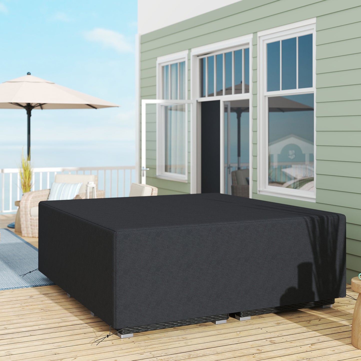 Outsunny 600D Oxford Outdoor Garden Furniture Sofa Set Pokrowiec, Wodoodporny Anty-UV Rattan Ochronny Leżak Ochronny Pokrowiec, 225L x 210W x 70Hcm, Czarny