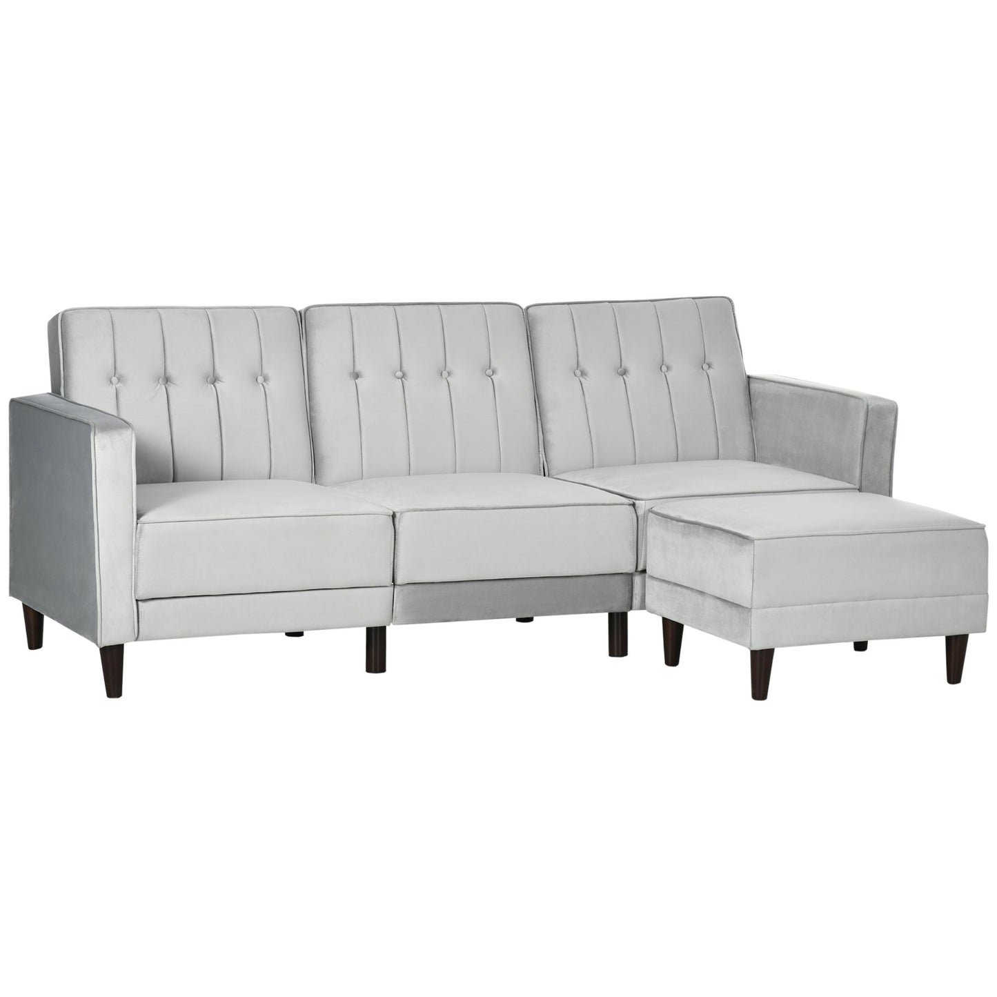 HOMCOM 3 Seater Sofa Bed with Portable Footstool, Light Grey