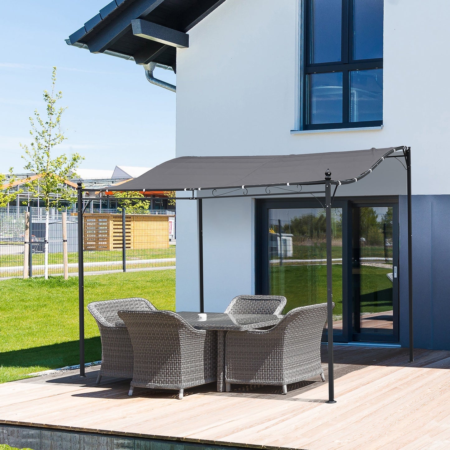 Outsunny Garden Gazebo Awning 3x3m Freestanding Metal Wall Awning Canopy Grey