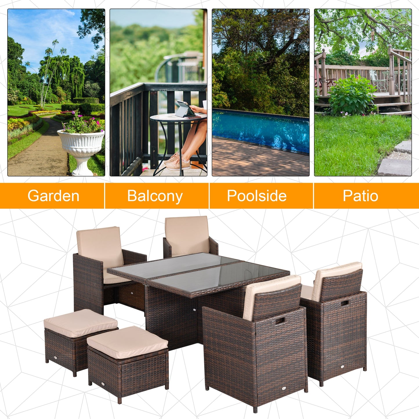 Outsunny 8 Seater Rattan Cube Garden Furniture Set, Rattan Dining Set with Cushions, Outdoor Dining Table and Chairs with 4 Armchairs, 4 Stools, Square Glass Top Table for Patio, Balcony, Brown