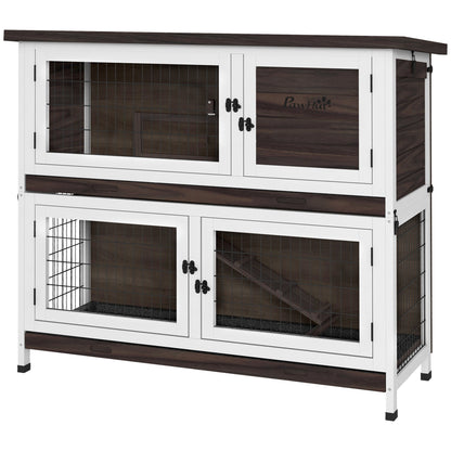 PawHut 2 Tiers Rabbit Cage Outdoor Guinea Pig Hutch with Sliding Trays, Asphalt Roof, No Screws Installation, for 1-2 Rabbits