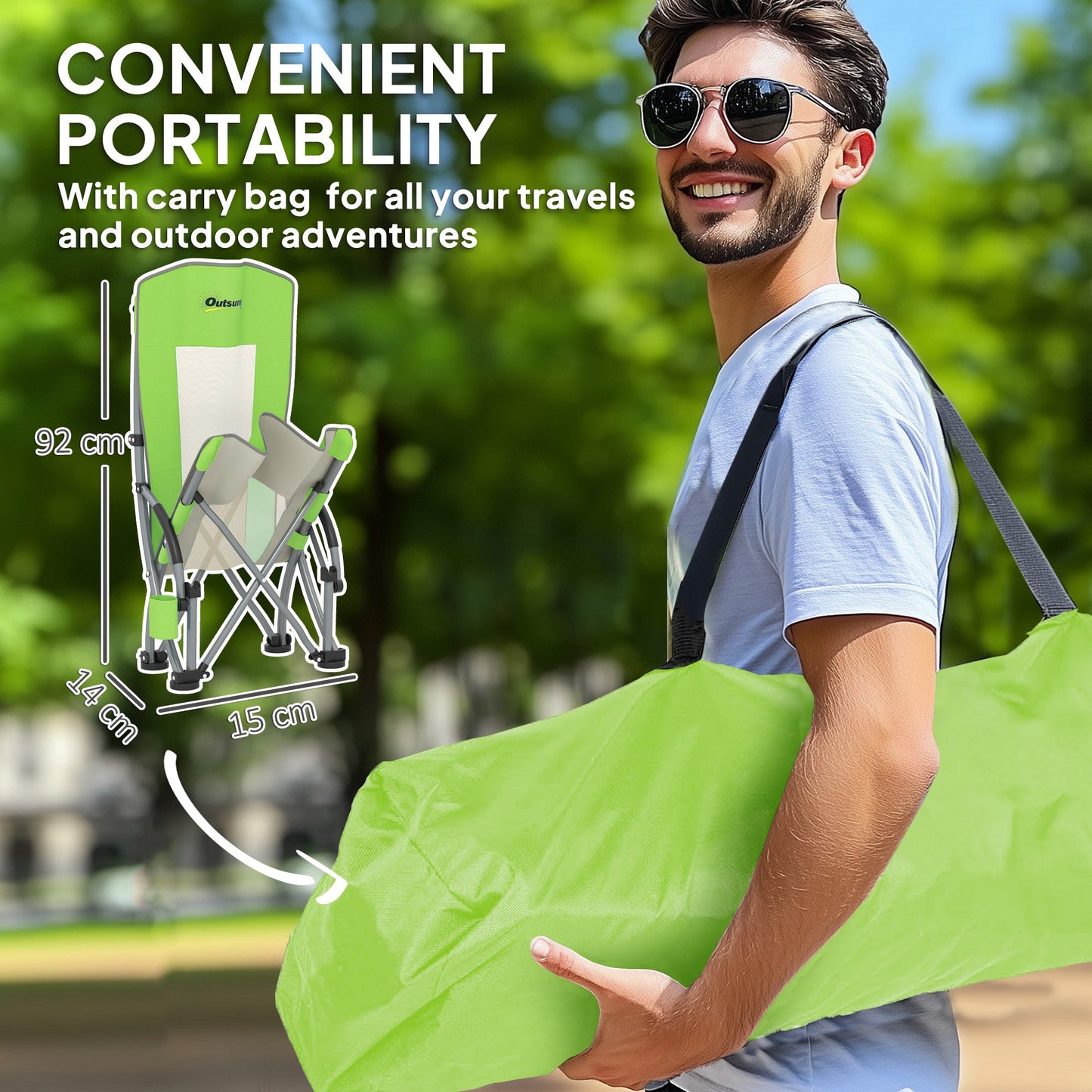 Outsunny Set of 2 Folding Beach Chair, Low Camping Chair with Mesh Back, Carry Bag and Cup Holder for Garden Outdoor Picnic Festival Travel, Green