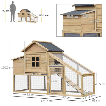 PawHut Chicken Coop, Hen House, Wooden Poultry Habitat with Outdoor Run, Nesting Box, Slide Out Tray, Lockable Doors, 176 x 66 x 110cm, Natural