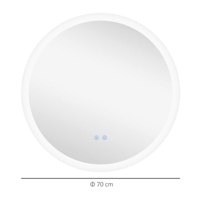 kleankin Round Bathroom Mirror with LED Lights, Wall-Mounted Dimmable Makeup Mirror with 3 Temperature Colours, Defogging Film, Memory Function, Hardwired, 70 x 70Â cm