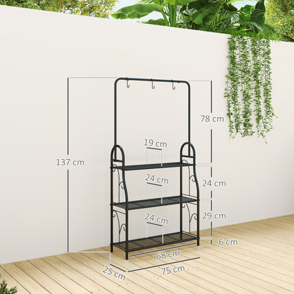 3-poziomowy stojak na rośliny Outsunny z drążkiem i haczykami, metalowa półka na rośliny, doniczka drabinkowa do wnętrz, na balkon, werandę, do salonu, sypialni, czarny