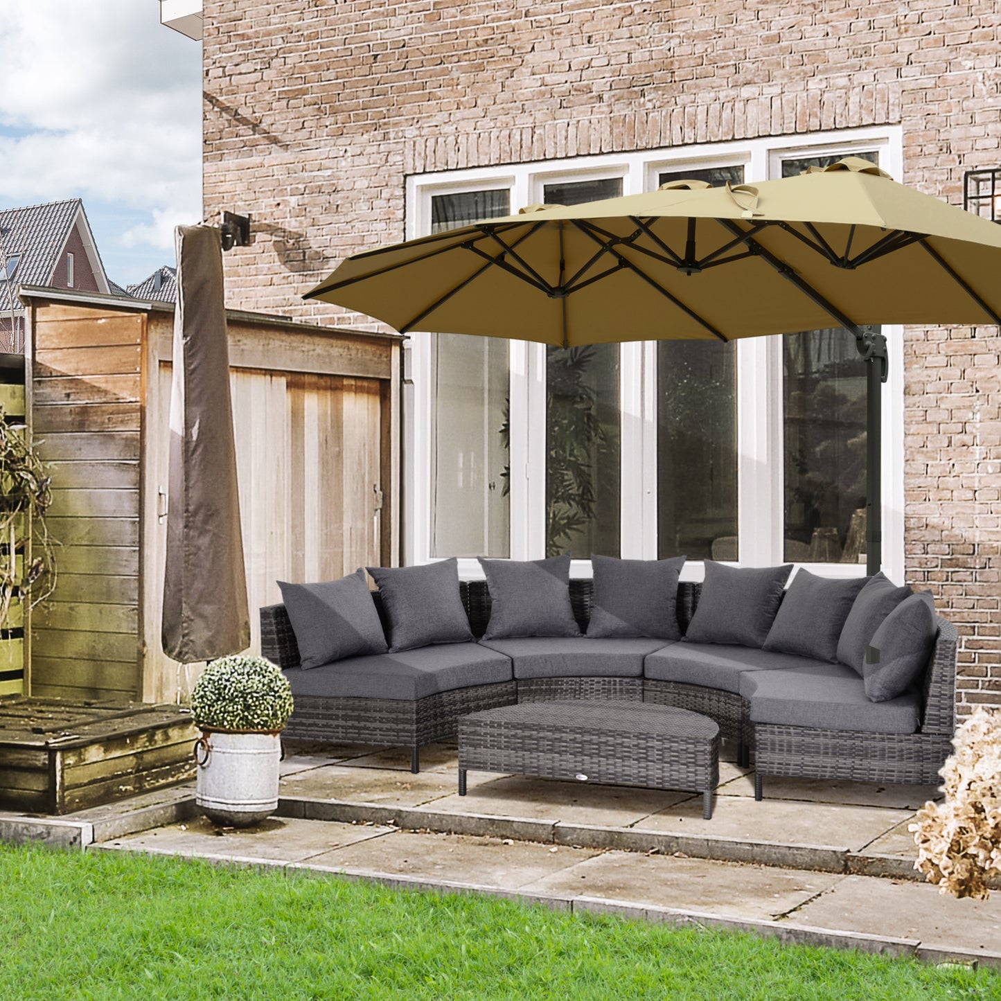 Outsunny Rattan Garden Furniture 4 Seaters Half-round Patio Outdoor Sofa &amp; Table Set Wicker Weave Conservatory Cushioned Seat with Pillow - Grey