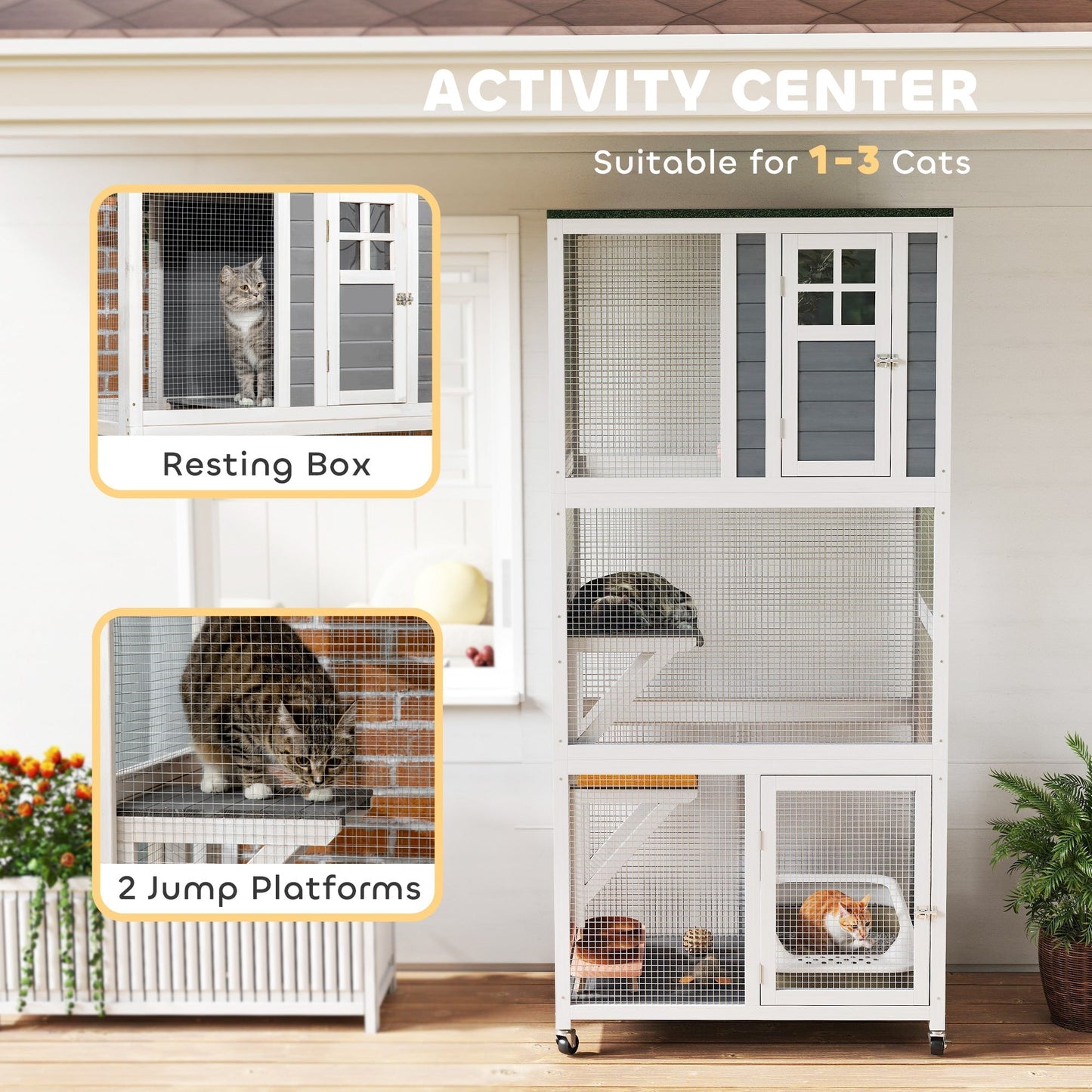 PawHut Wooden Catio Cat Outdoor Enclosure, Cat Cage with Waterproof Roof, Platforms, for Multiple Cats, White