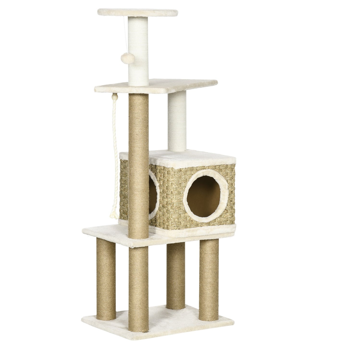 PawHut Cat Tree, with Scratching Post, Cat House & Hanging Toy Ball - Beige