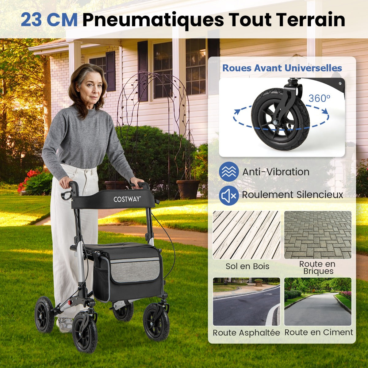 Walker for Seniors with Seat Folding Rollator Walker with Pneumatic Tires-Silver