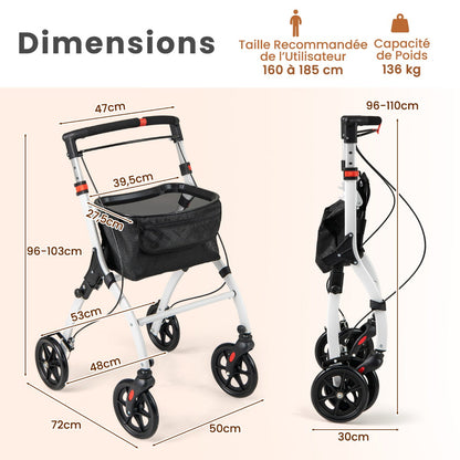 Rollator Walkers Lightweight Foldable Rolling Walker with Tray for Seniors-White