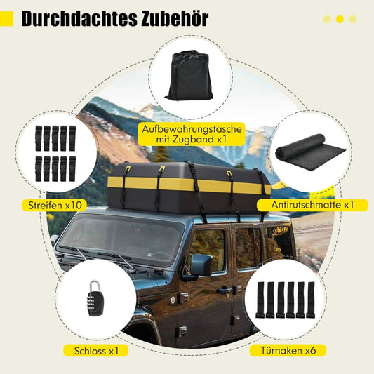 Roof box for various vehicle types with non-slip mat, luggage lock, reinforced straps, door hook &amp; bag with drawstring