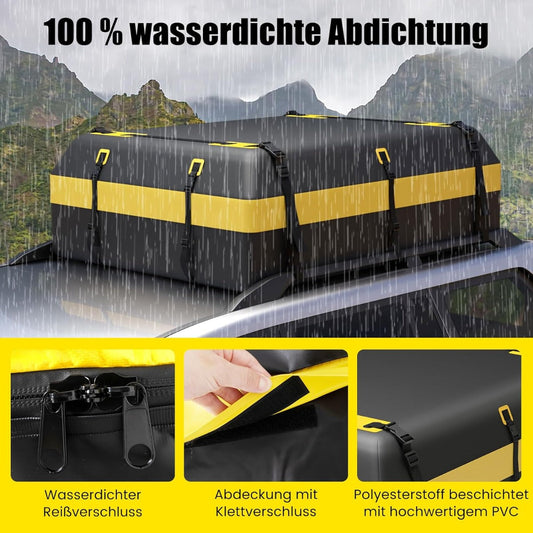 Roof box for various vehicle types with non-slip mat, luggage lock, reinforced straps, door hook &amp; bag with drawstring