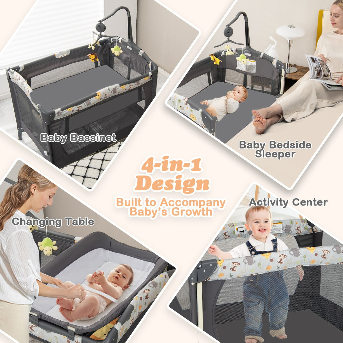 3-in-1 Foldable Baby Travel Cot with Changing Tab and Mattress-Dark Grey