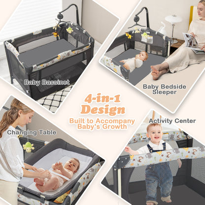3-in-1 Foldable Baby Travel Cot with Changing Tab and Mattress-Dark Grey
