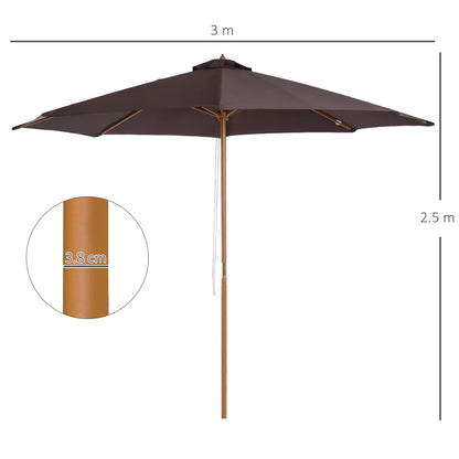 Outsunny 3(m) Garden Parasol, Pulley Operated Patio Umbrella, Wooden Parasol, Table Market Umbrella with Rope Pulley Mechanism and 8 Ribs, Coffee